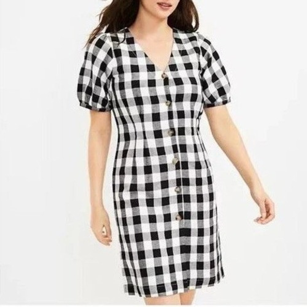 LOFT Dress Womens 10 Black White Gingham Button-Front Linen Blend Academia
